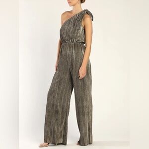 Lulus Disco Desires Shiny Silver and Gold Plisse One-Shoulder Jumpsuit